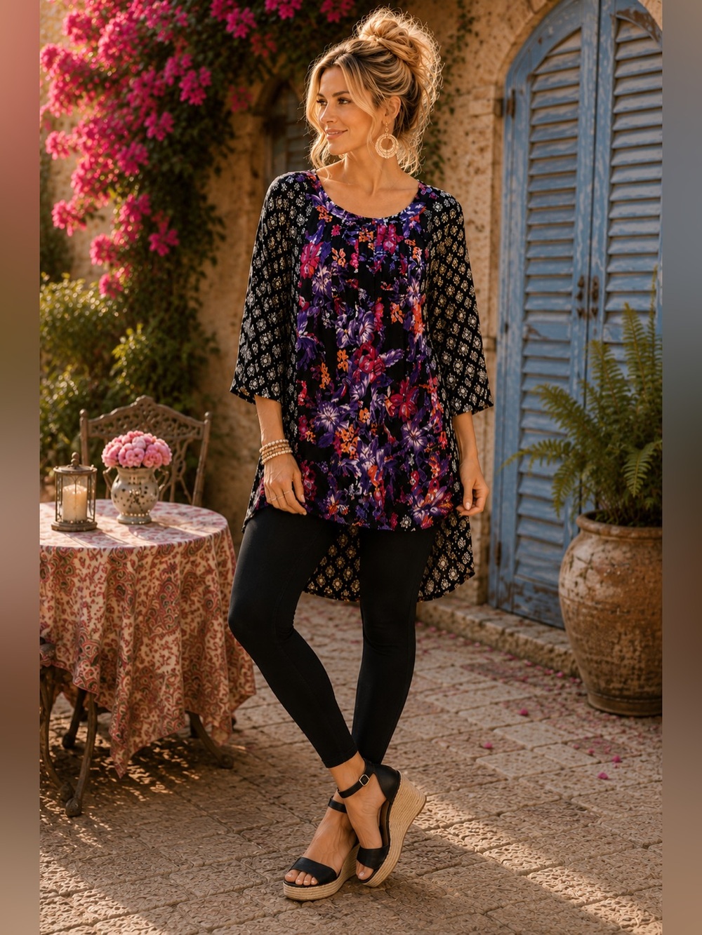 Ulla Popken Black Floral Boho Tunic Top | Purple Pink Print | Plus Size 12/14
